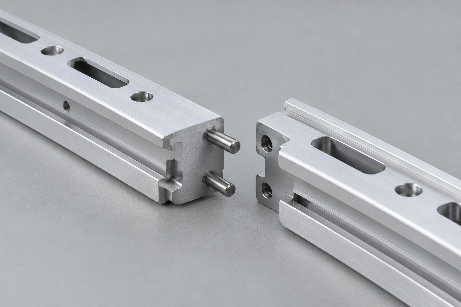 Separate mating aluminum mounting rails showing pin and slot features;illustrative equipment component concept,not actual company/customer part or a medical approval/test record