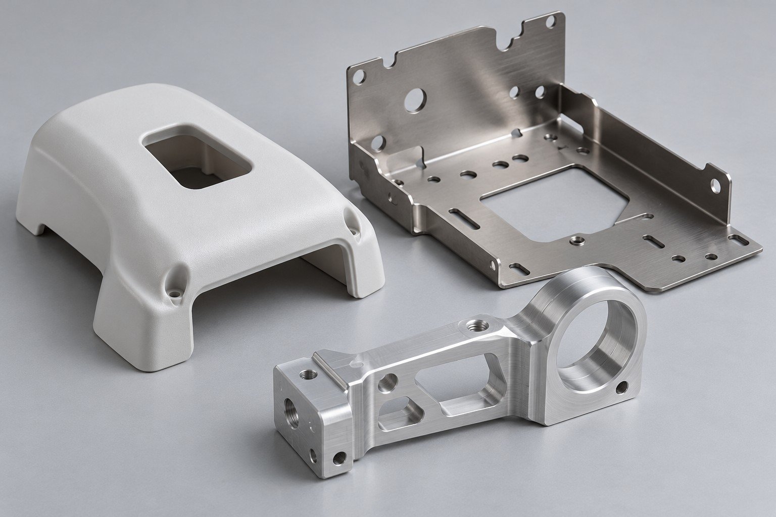 Polymer cover, formed support panel and machined bracket route concepts;illustrative equipment component concept,not actual company/customer part or a medical approval/test record