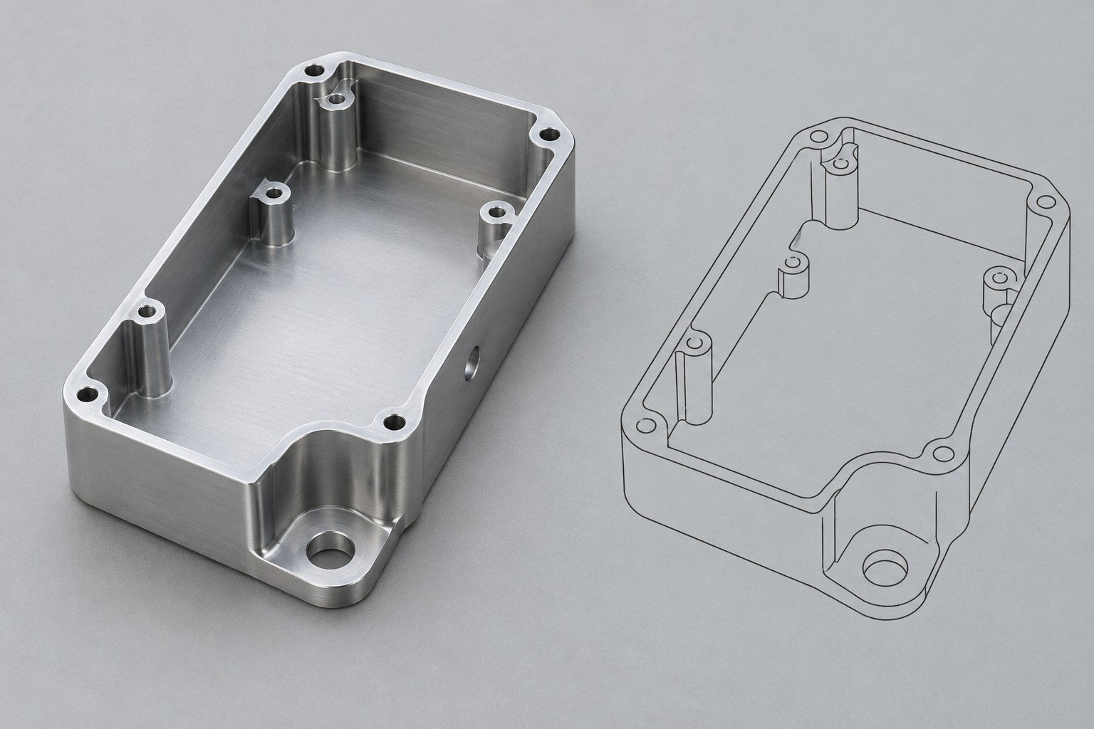 Empty aluminum enclosure beside outline component drawing;illustrative equipment component concept,not actual company/customer part or a medical approval/test record