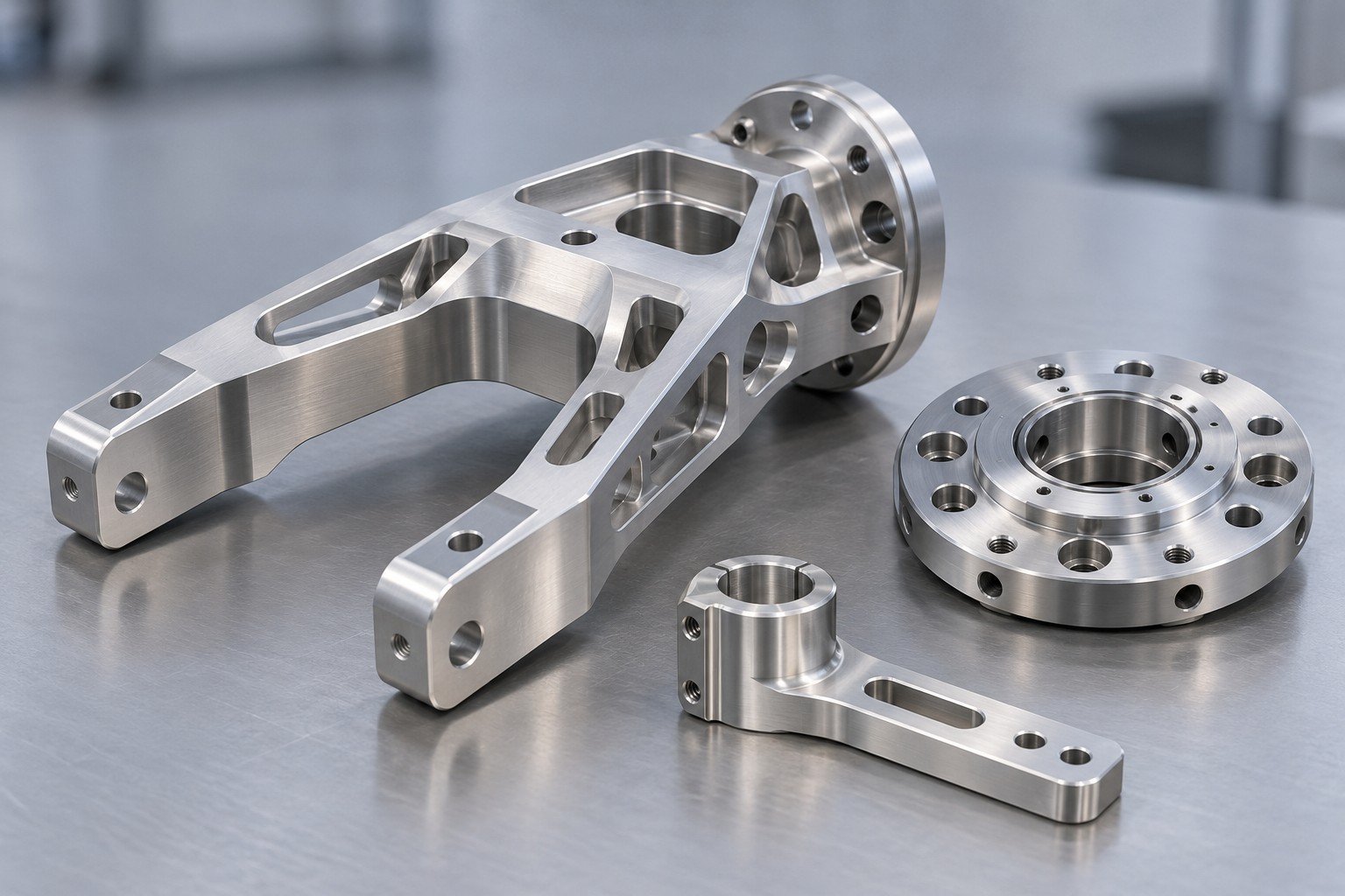 Machined robot tool bracket,circular mounting flange and sensor support arm;illustrative component concept,not a customer part or documentary company test