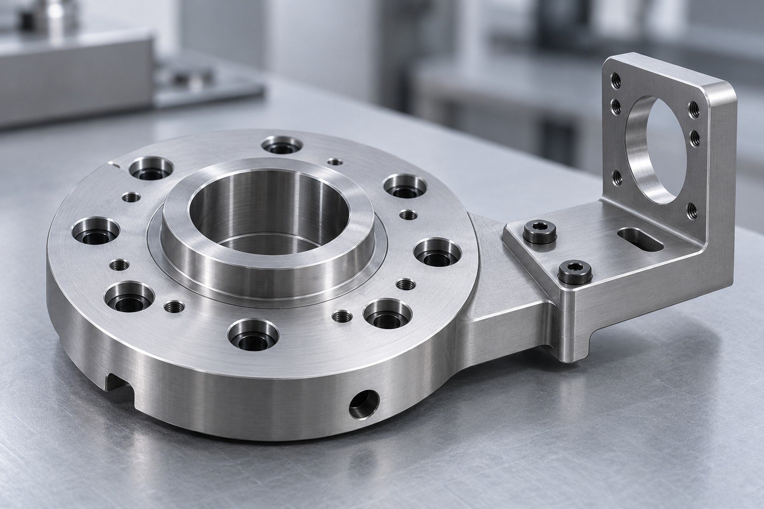 Robot mounting adapter with locating shoulder and distinct right-angle sensor bracket;illustrative component concept,not a customer part or documentary company test