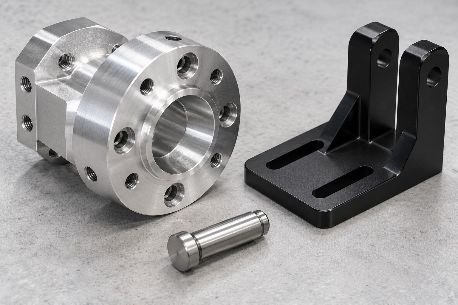 Machined tool adapter, black slotted bracket and stainless locator pin;illustrative component concept,not actual company/customer product or robot load rating/system-validation evidence
