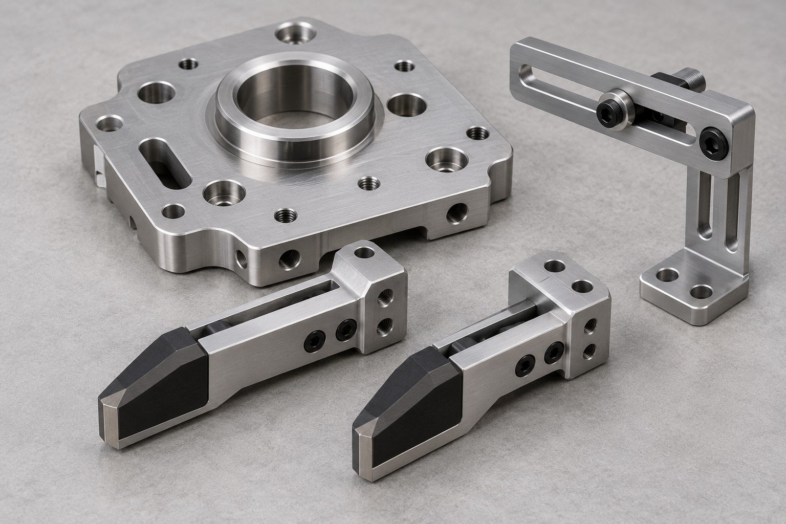 Tool mounting plate, narrow gripper fingers and slotted sensor support;illustrative component concept,not actual company/customer product or robot load rating/system-validation evidence
