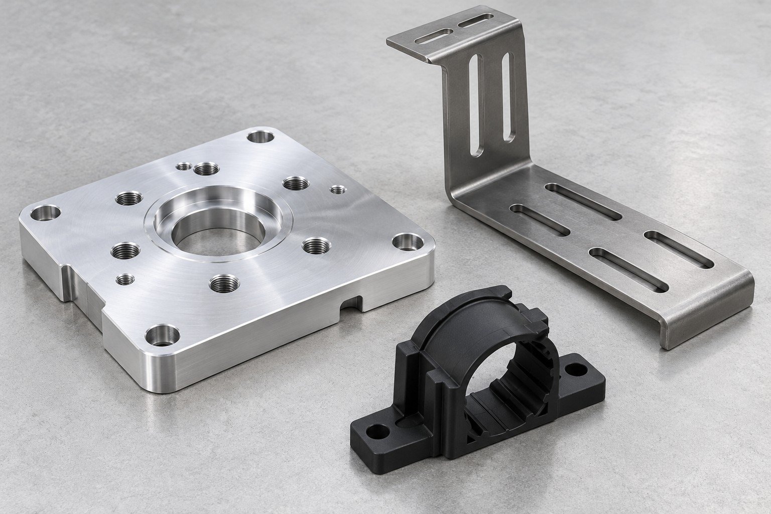 Machined locating plate, bent slotted support and polymer cable guide;illustrative component concept,not actual company/customer product or robot load rating/system-validation evidence