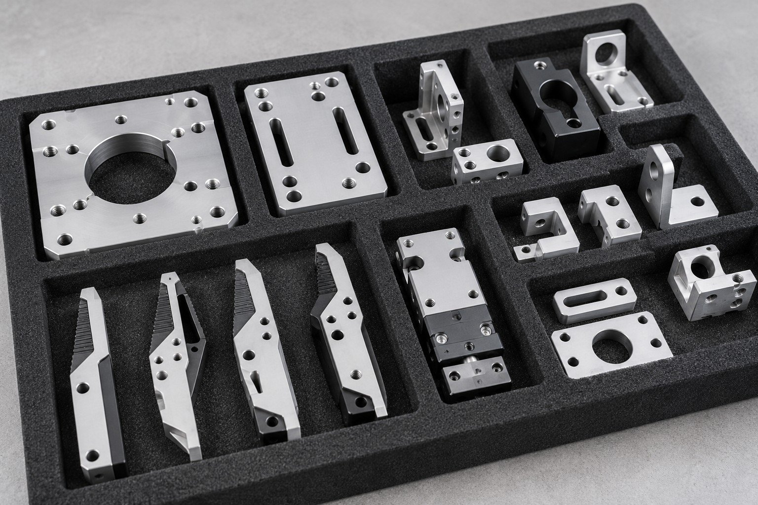 Mounting plates, gripper fingers and sensor supports in separate foam compartments;illustrative component concept,not actual company/customer product or robot load rating/system-validation evidence