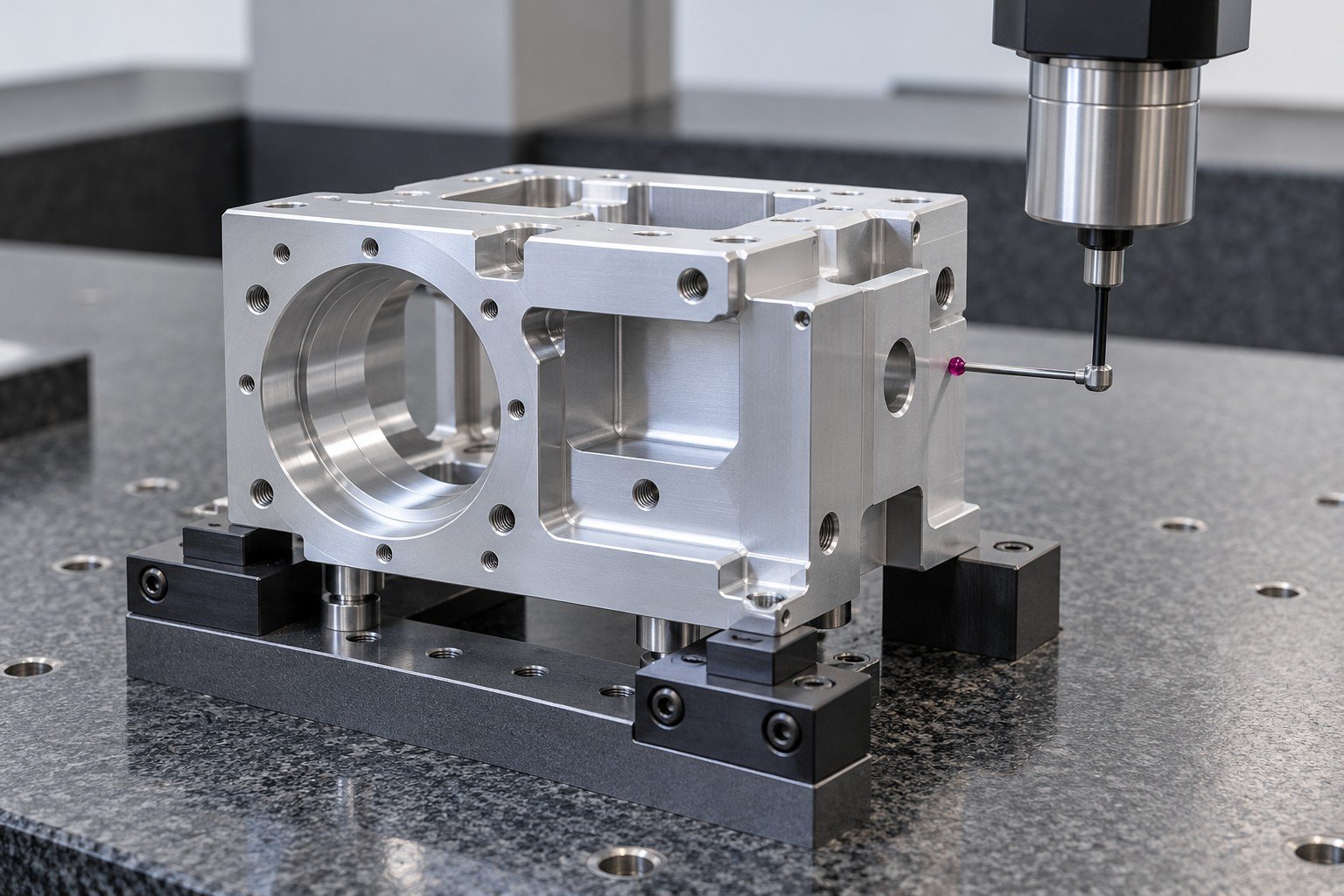 CMM probe approaching a supported aluminum equipment block datum for dimensional review; illustrative engineering concept, not a customer part or company test record