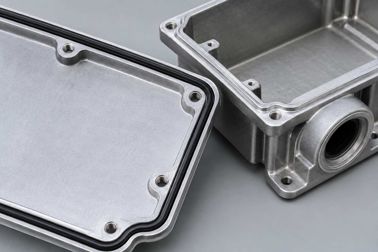 Enclosure sealing rim and continuous black gasket shown separately;illustrative component concept,not actual company/customer product or environmental protection rating/test evidence