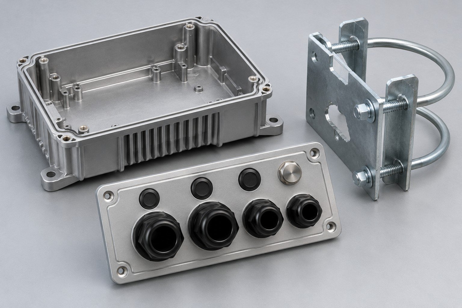 Empty enclosure base, separate connector plate and pole-mount bracket;illustrative component concept,not actual company/customer product or environmental protection rating/test evidence