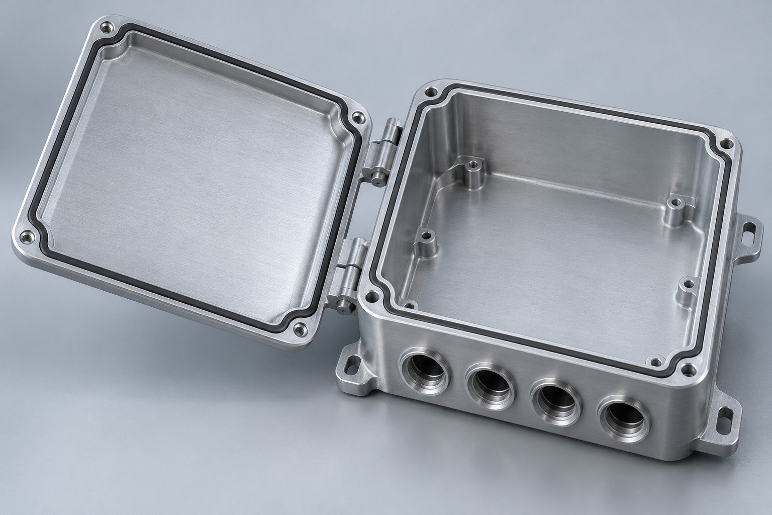 Open aluminum networking enclosure with a gasket groove and distinct port openings;illustrative component concept,not a customer part or documentary company test