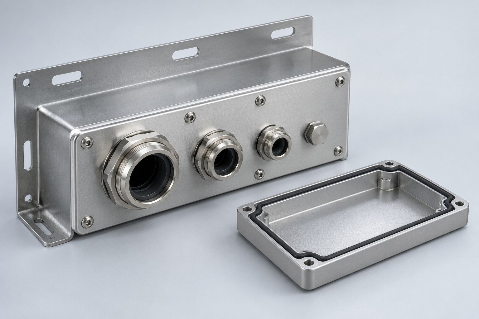 Telecom bulkhead connector plate,slotted wall bracket and separate sealing cover;illustrative component concept,not a customer part or documentary company test
