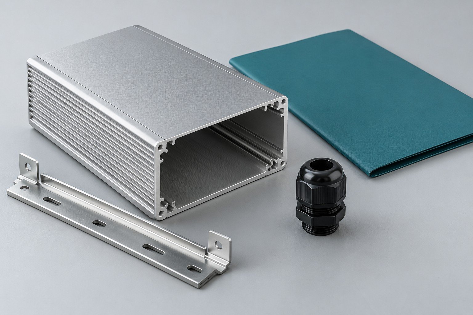 Empty networking housing and mounting rail beside teal folder and cable gland;illustrative component concept,not actual company/customer product or environmental protection rating/test evidence