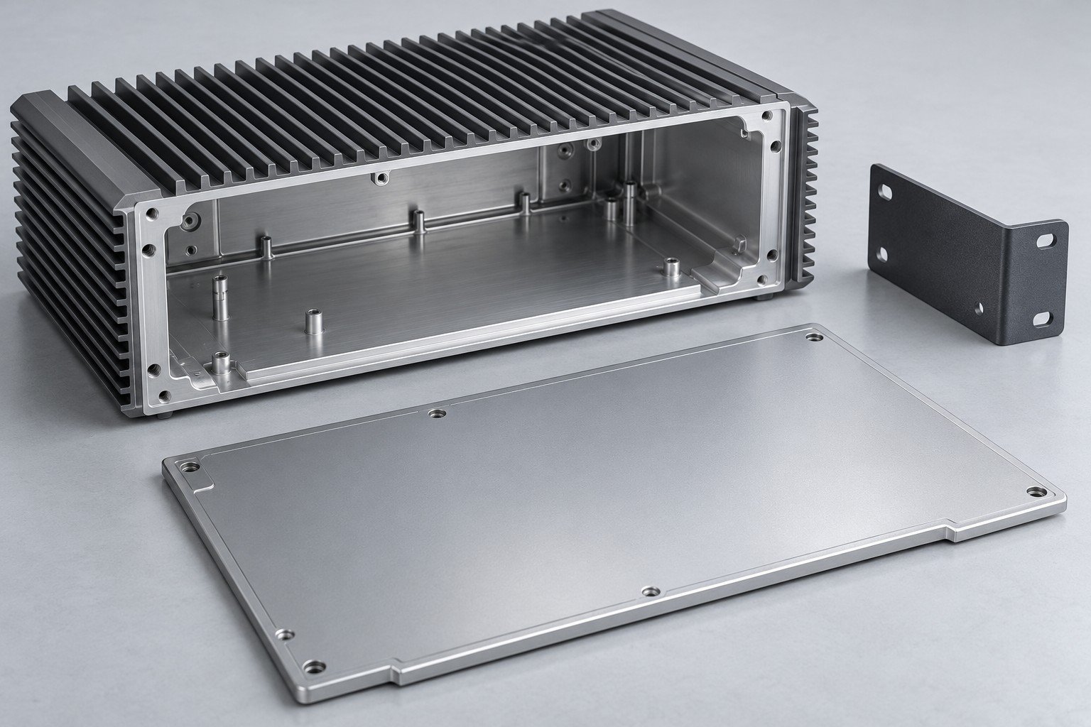 Finned empty networking enclosure, formed cover and rack-mount ear bracket;illustrative component concept,not actual company/customer product or environmental protection rating/test evidence
