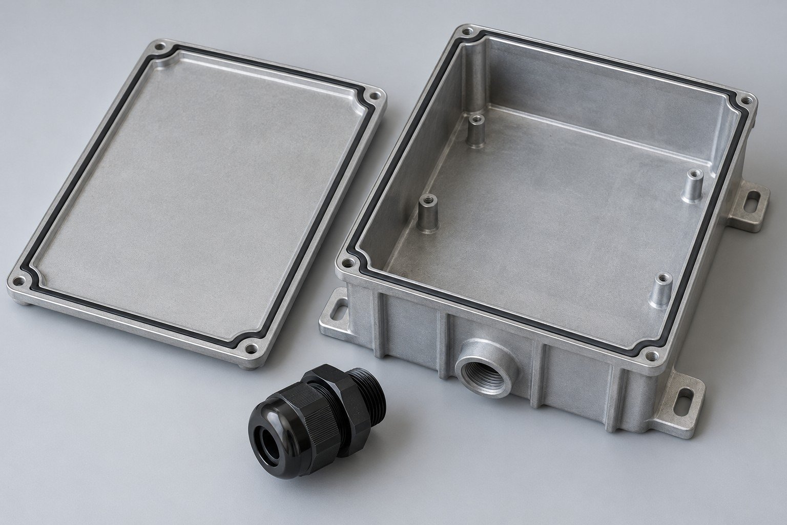 Outdoor networking housing, separate lid and detached cable gland;illustrative component concept,not actual company/customer product or environmental protection rating/test evidence