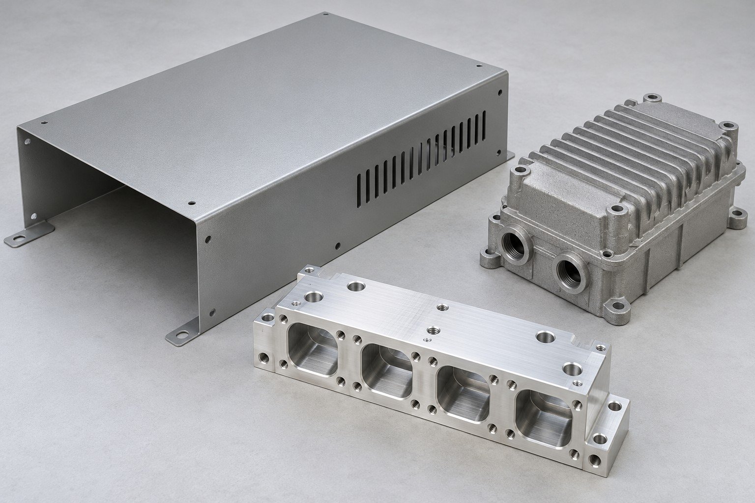 Formed cabinet cover, machined port block and cast-texture housing;illustrative component concept,not actual company/customer product or environmental protection rating/test evidence