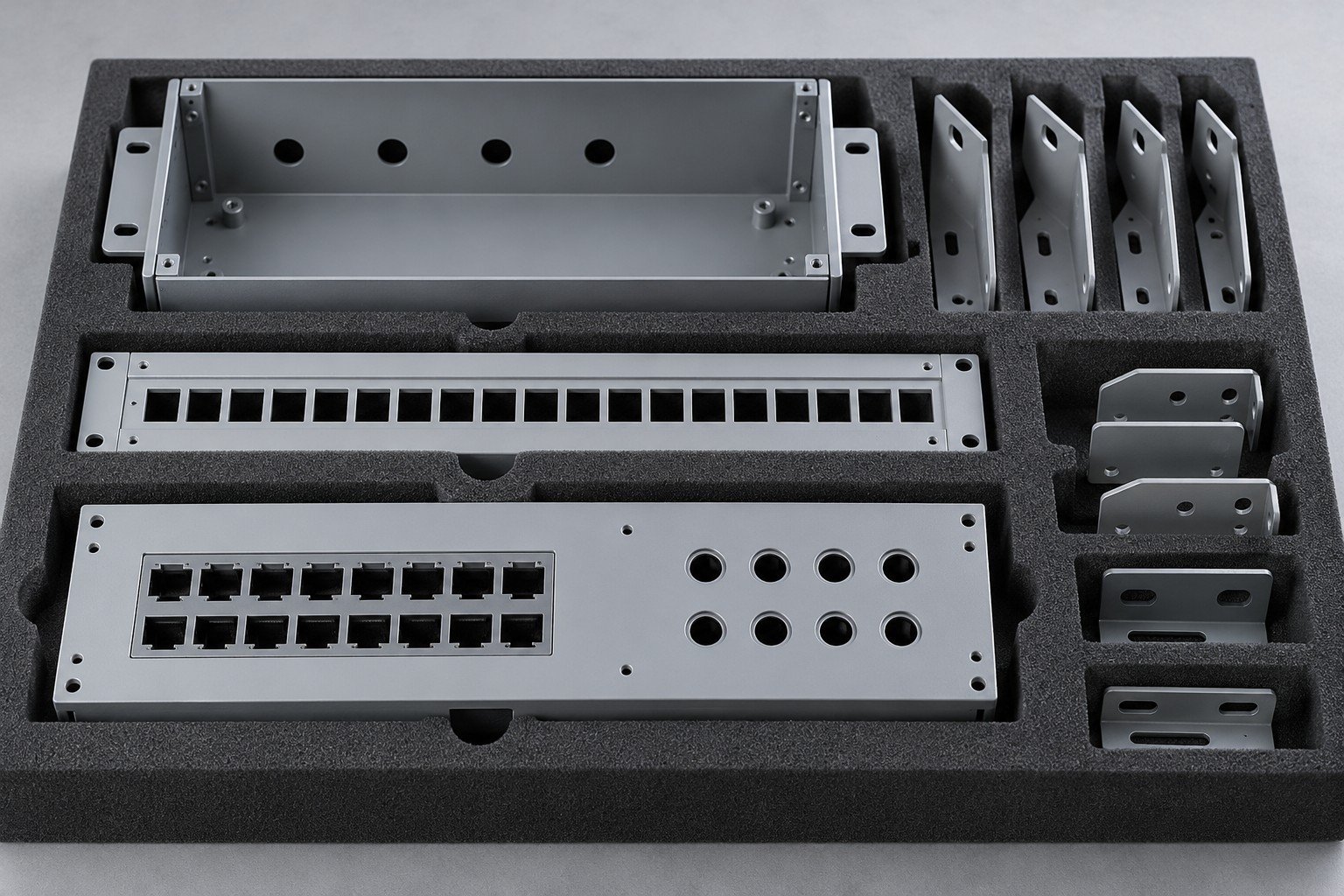 Connector panels and mounting brackets protected in separate foam pockets;illustrative component concept,not actual company/customer product or environmental protection rating/test evidence