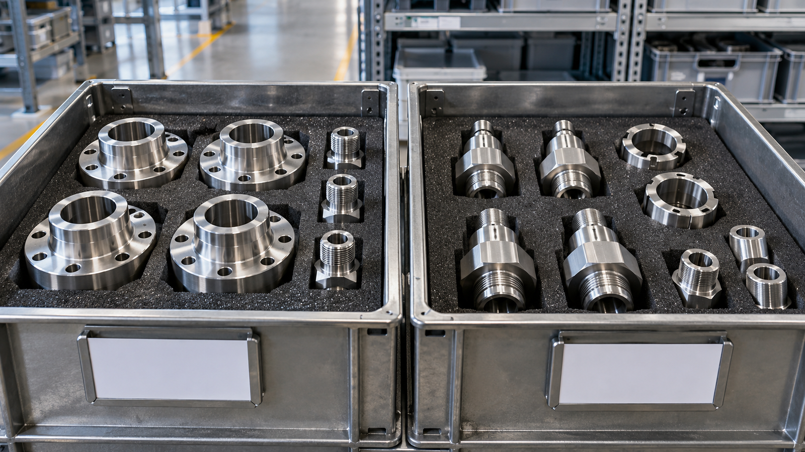 Illustrative separate lots of protected machined parts on organized shelves