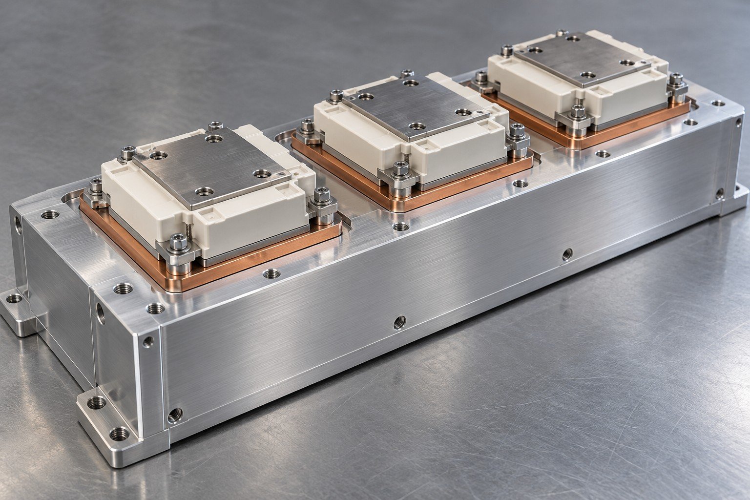 Illustrative generic inverter modules on a closed cold plate integration fixture concept, not documentary company or customer photography