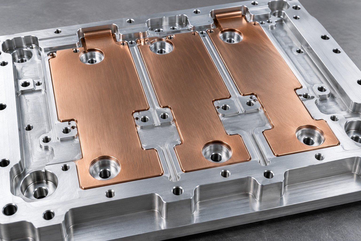 Illustrative solid module contact land on an inverter cold plate concept, not documentary company or customer photography