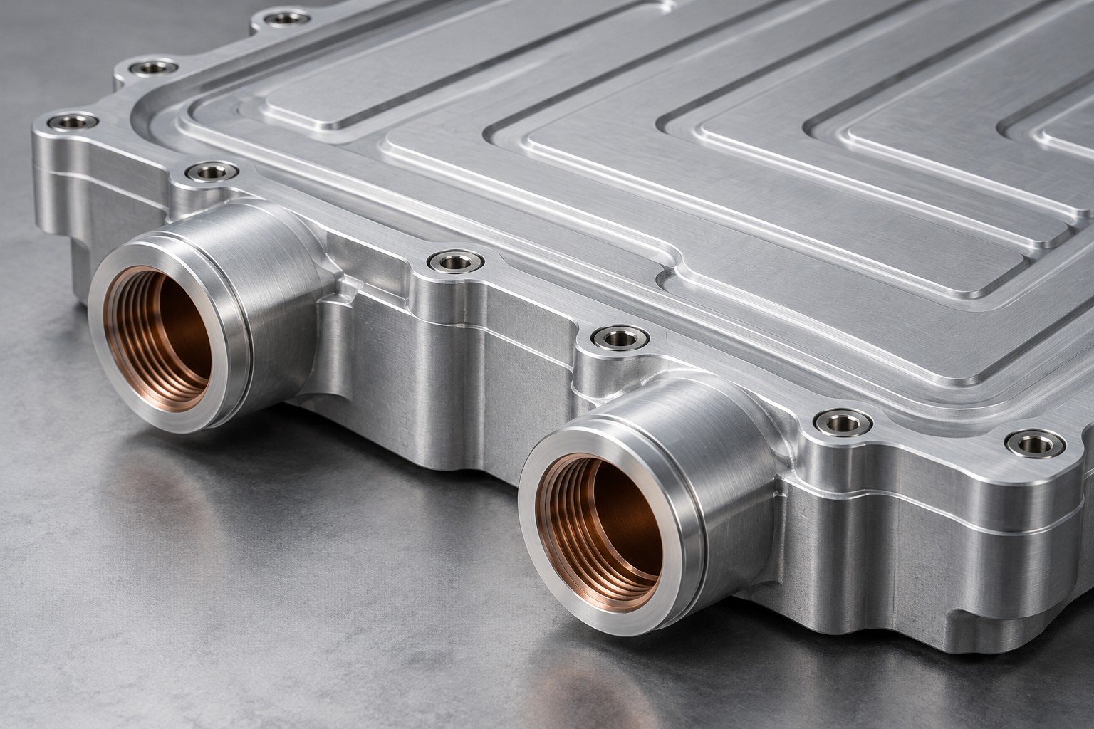 Illustrative ports and sealing faces on an inverter cooling component concept, not documentary company or customer photography