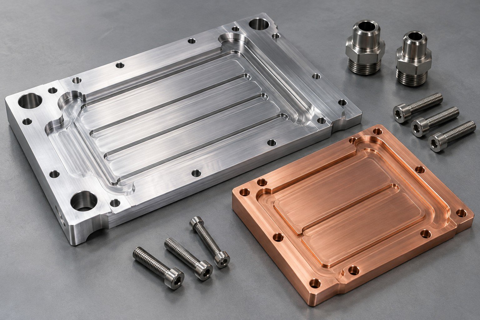 Illustrative materials and fluid review for inverter cooling components concept, not documentary company or customer photography