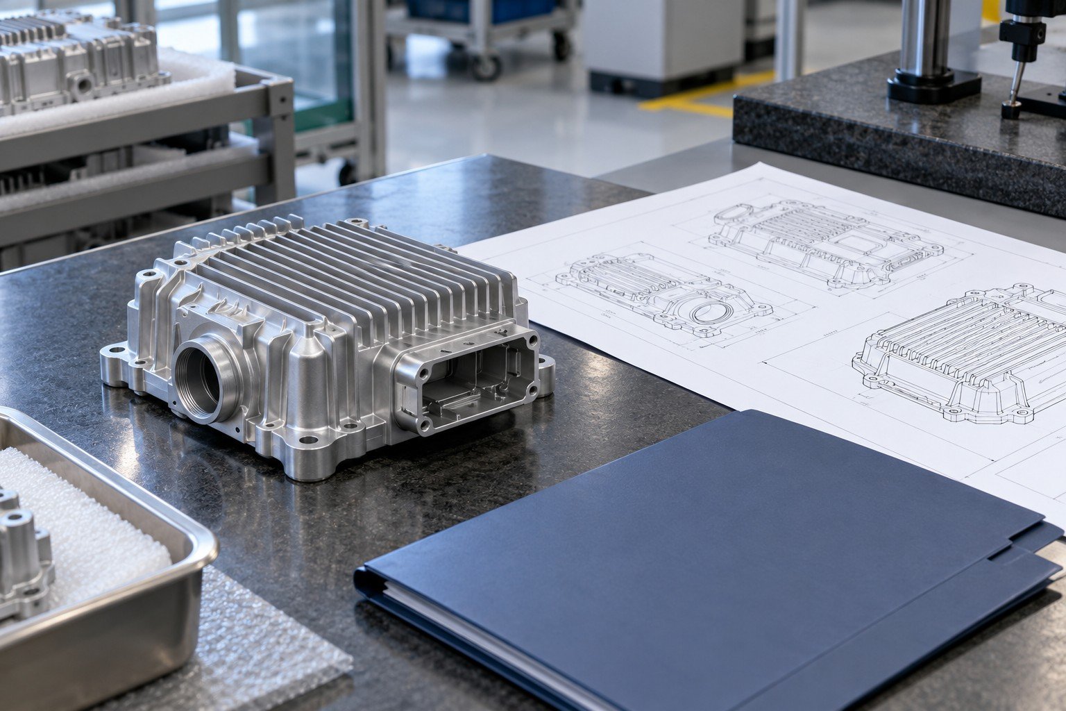 Unique ribbed aluminum sensor housing beside controlled geometric drawing and blank order folder