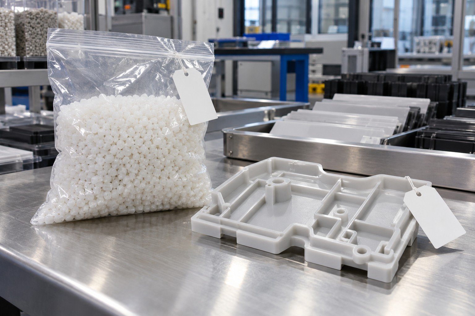 Separated incoming polymer pellets sealed sample bag and molded resin plaque with blank material tags