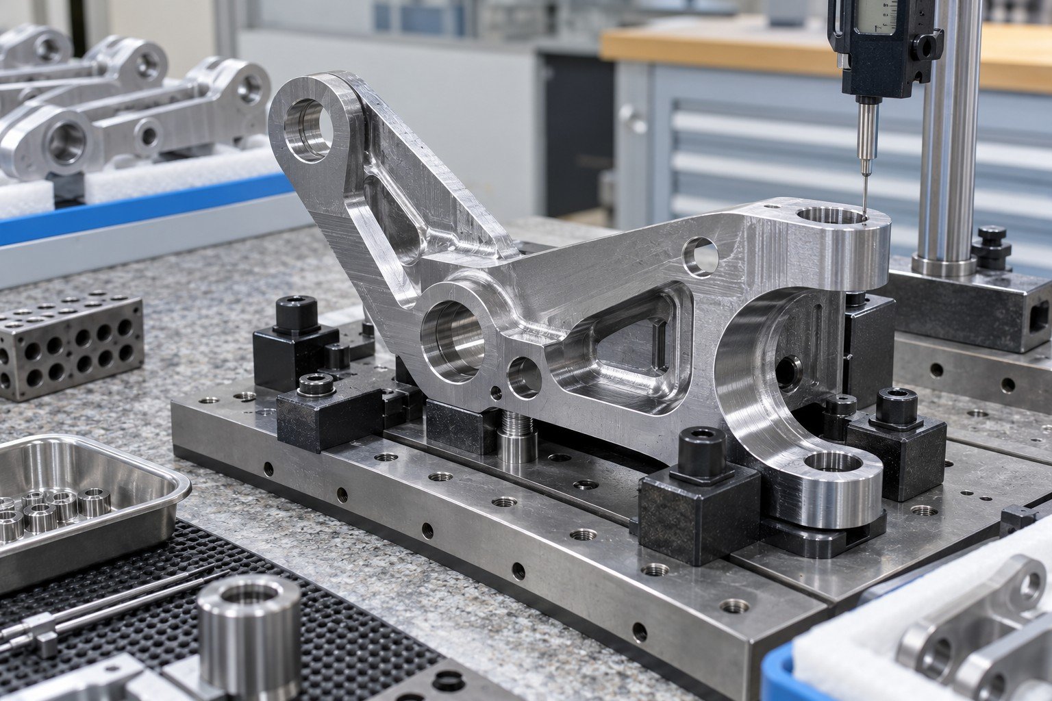 Partially milled steel linkage bracket in open unpowered CNC fixture with unreadable depth gauge