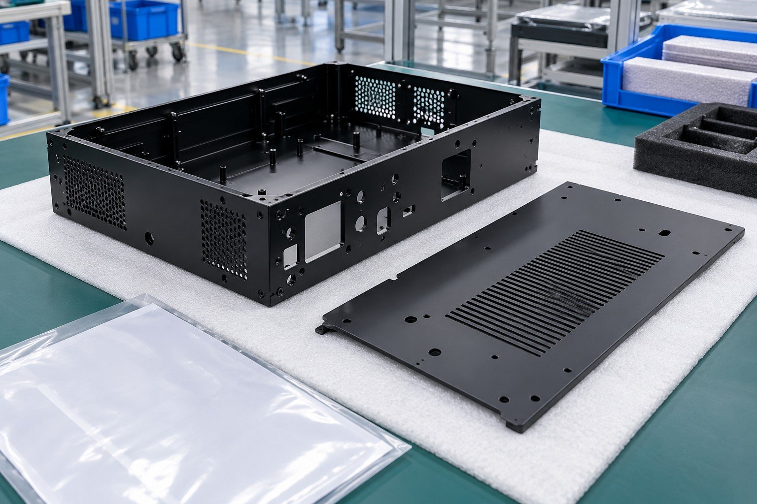 Finished black coated electronics chassis with separate mating panel and plain report sleeve