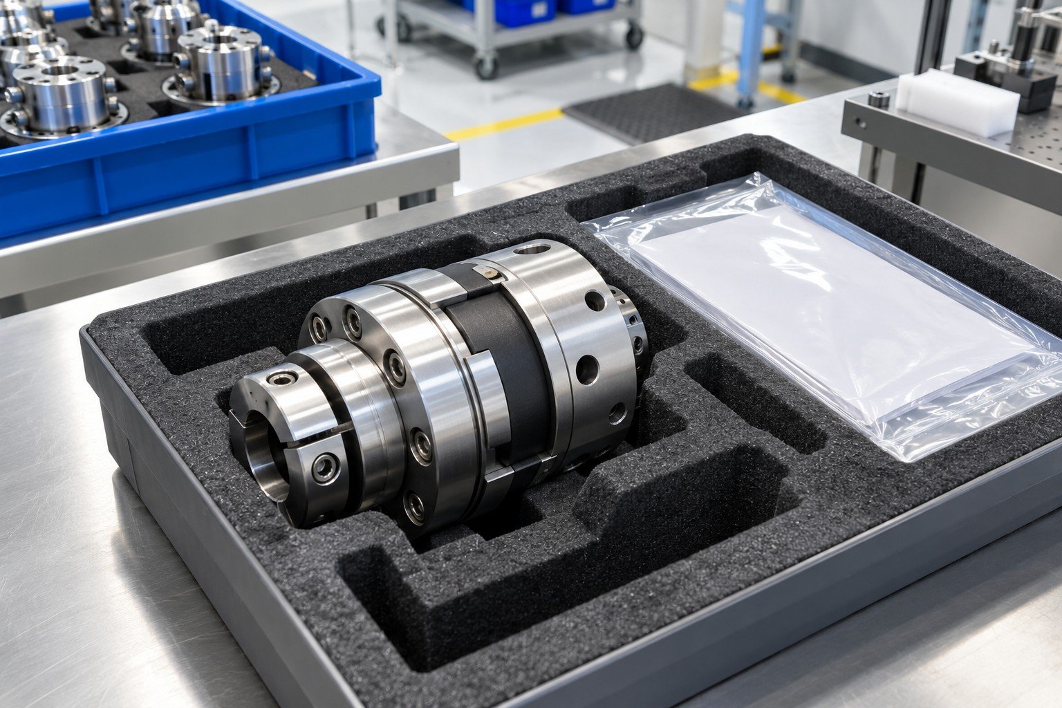 Distinct stainless actuator coupling in fitted shipping tray with sealed document pouch