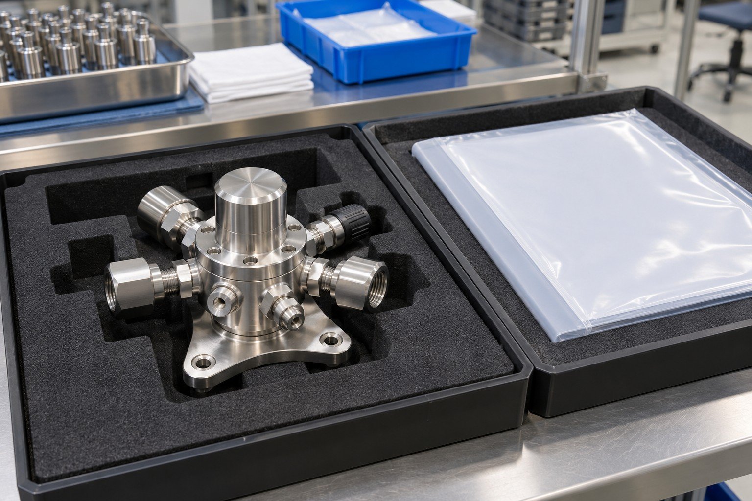 Illustrative final-inspection concept: stainless regulator assembly in protective packaging beside a sealed record sleeve
