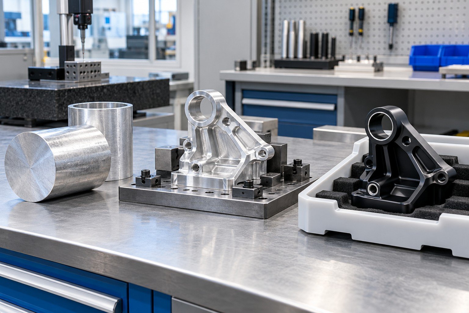 Three clearly separated manufacturing stages on one orderly bench: raw aluminum billet offcut with blank material sleeve, partially machined ribbed pump bracket on setup nest, and finished distinct anodized bracket in protective tray, no arrows or readable labels