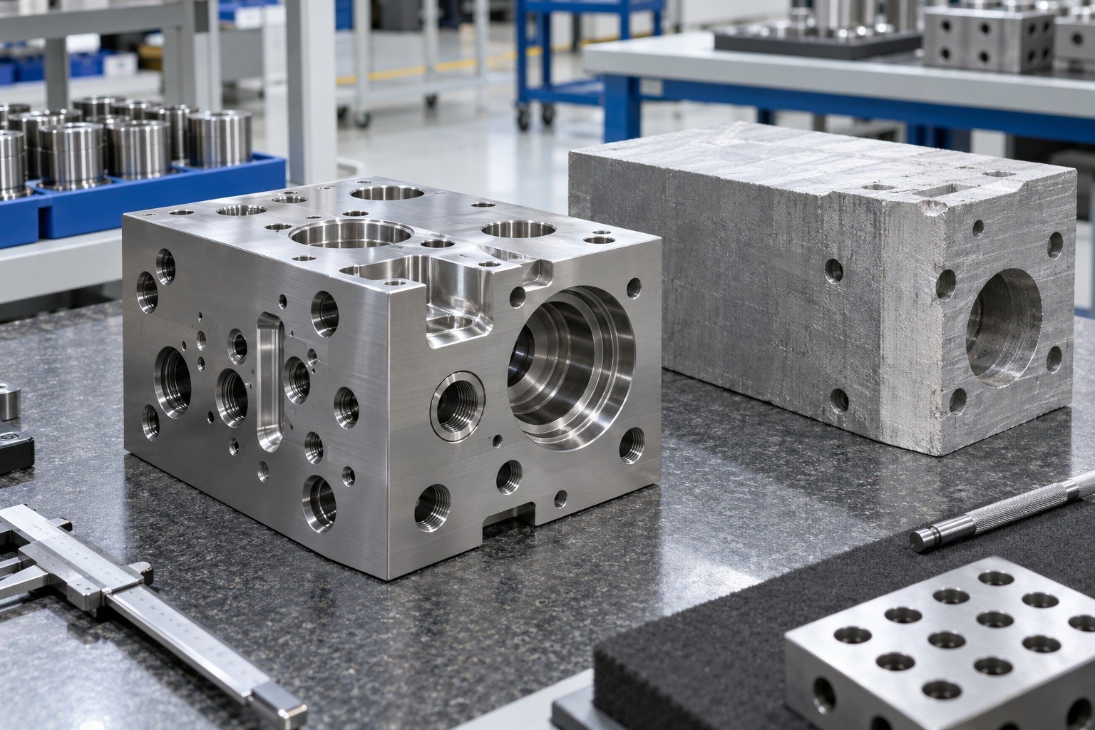 Complex milled stainless hydraulic block with stepped bores beside unfinished matching blank