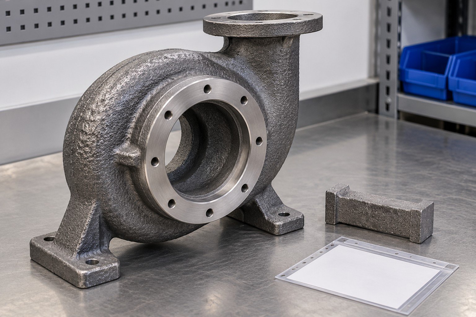 Unique raw sand-cast gray iron pump volute housing with rough granular exterior, machined circular inlet and three mounting feet beside casting coupon and blank receiving sleeve