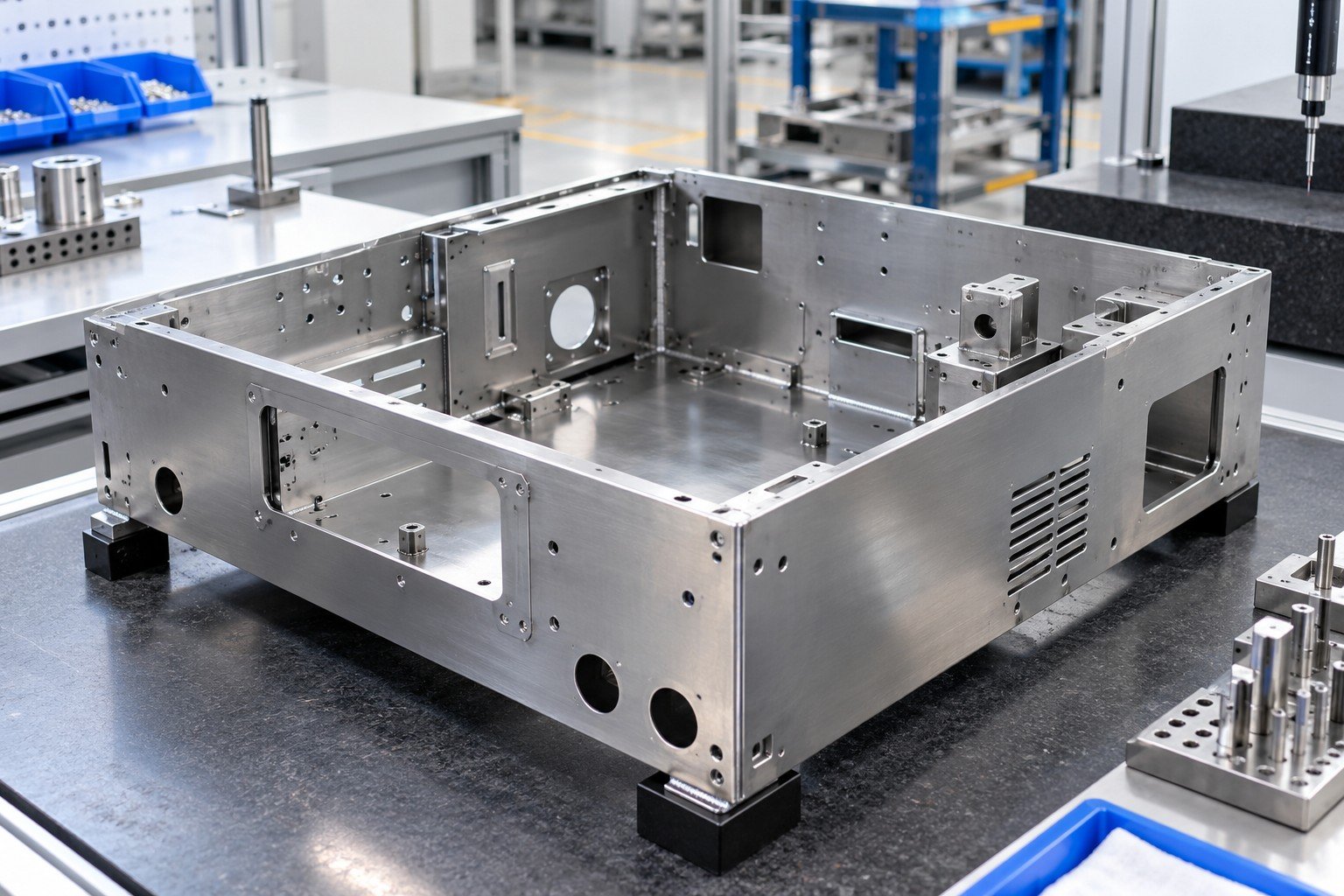 Finished folded steel instrument chassis with weld seams and mounting interfaces