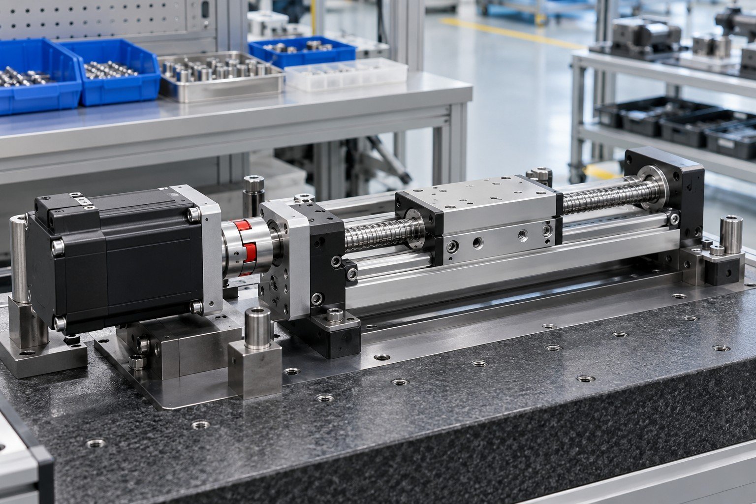 Compact assembled linear actuator with motor mount and shaft coupling on dedicated final test nest no readings