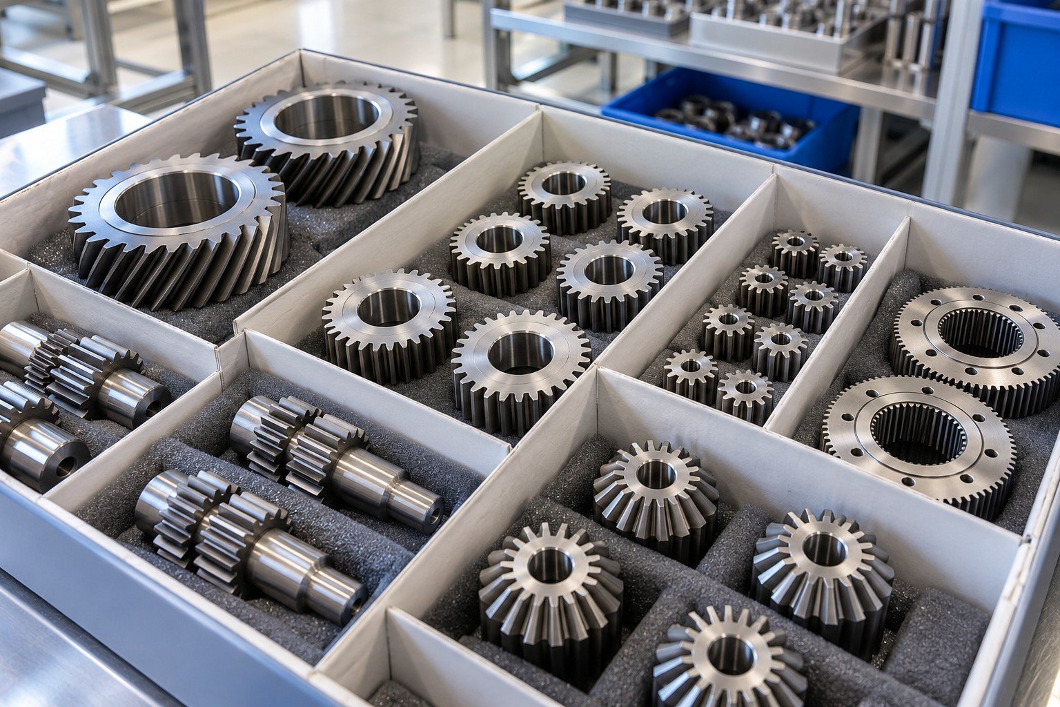 Purchased steel gears separated by geometry in clean compartmented receiving box