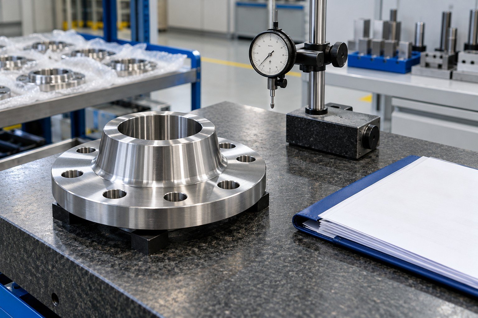 First-off stainless flange beside separate setup record folder and unreadable dial gauge