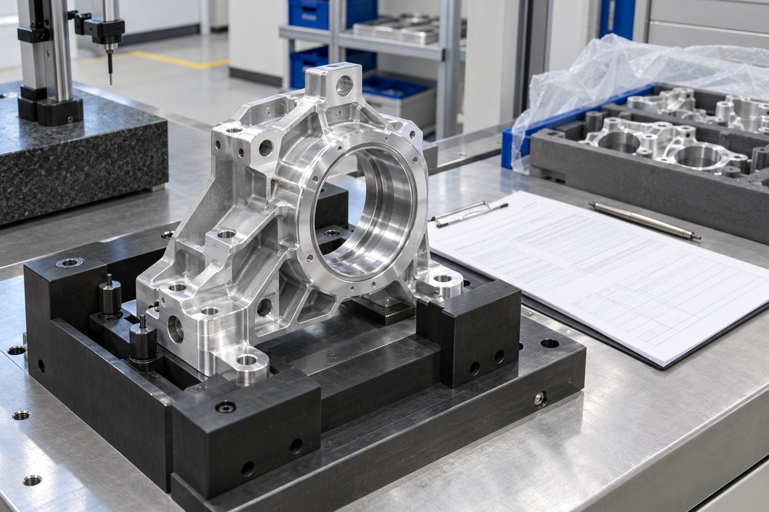 Partially machined aluminum bearing support in workholding nest beside blank process record