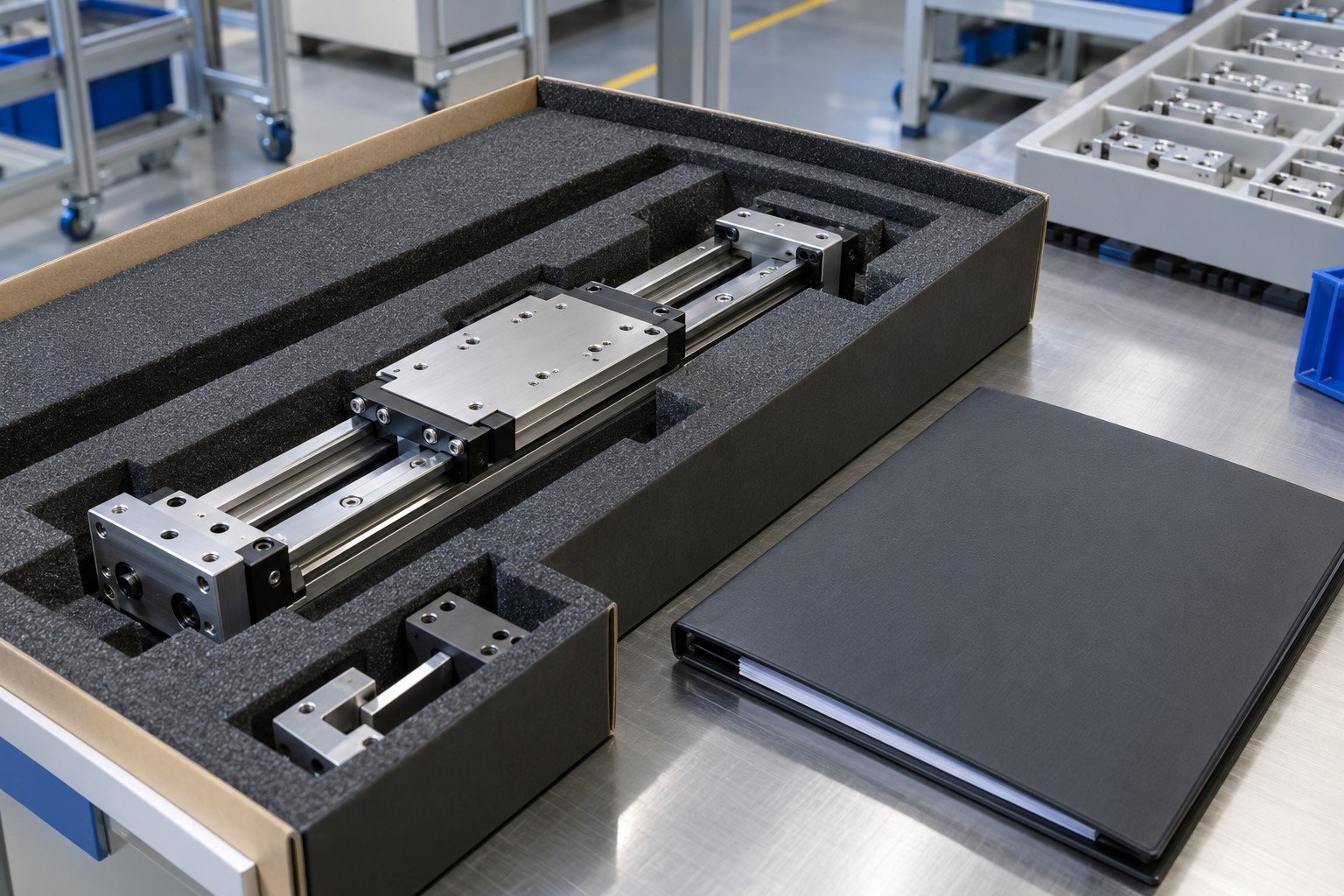 Packed mechanical slide assembly in fitted foam with closed release documentation folder