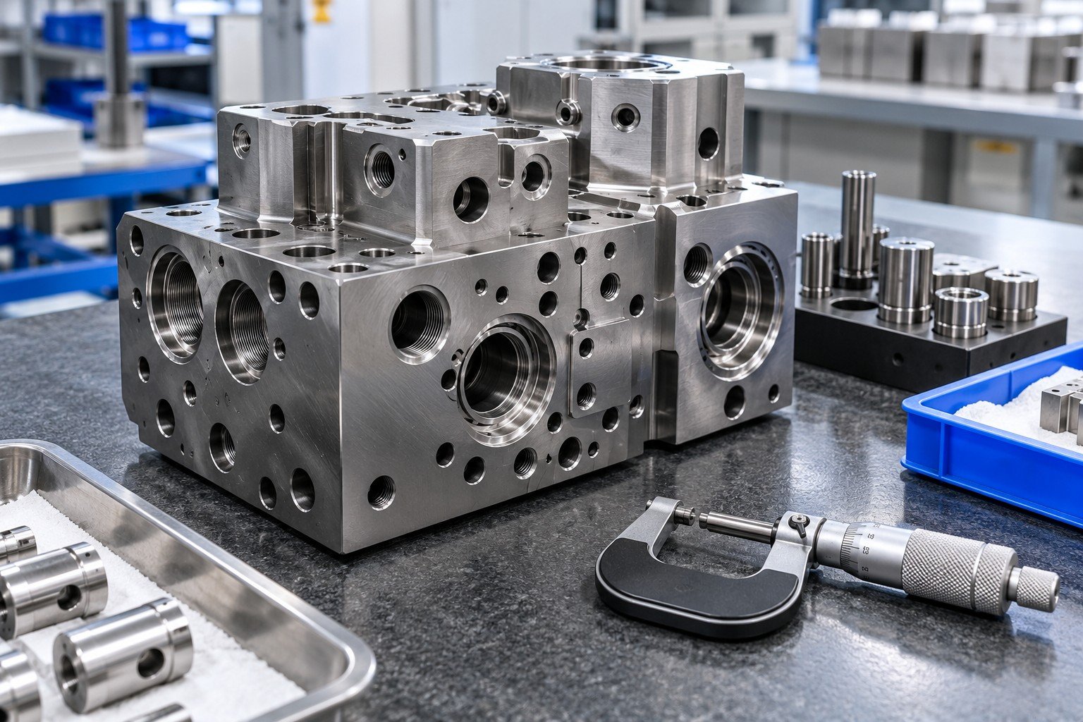 Complex CNC machined steel valve block with accessible critical bores beside micrometer no readings