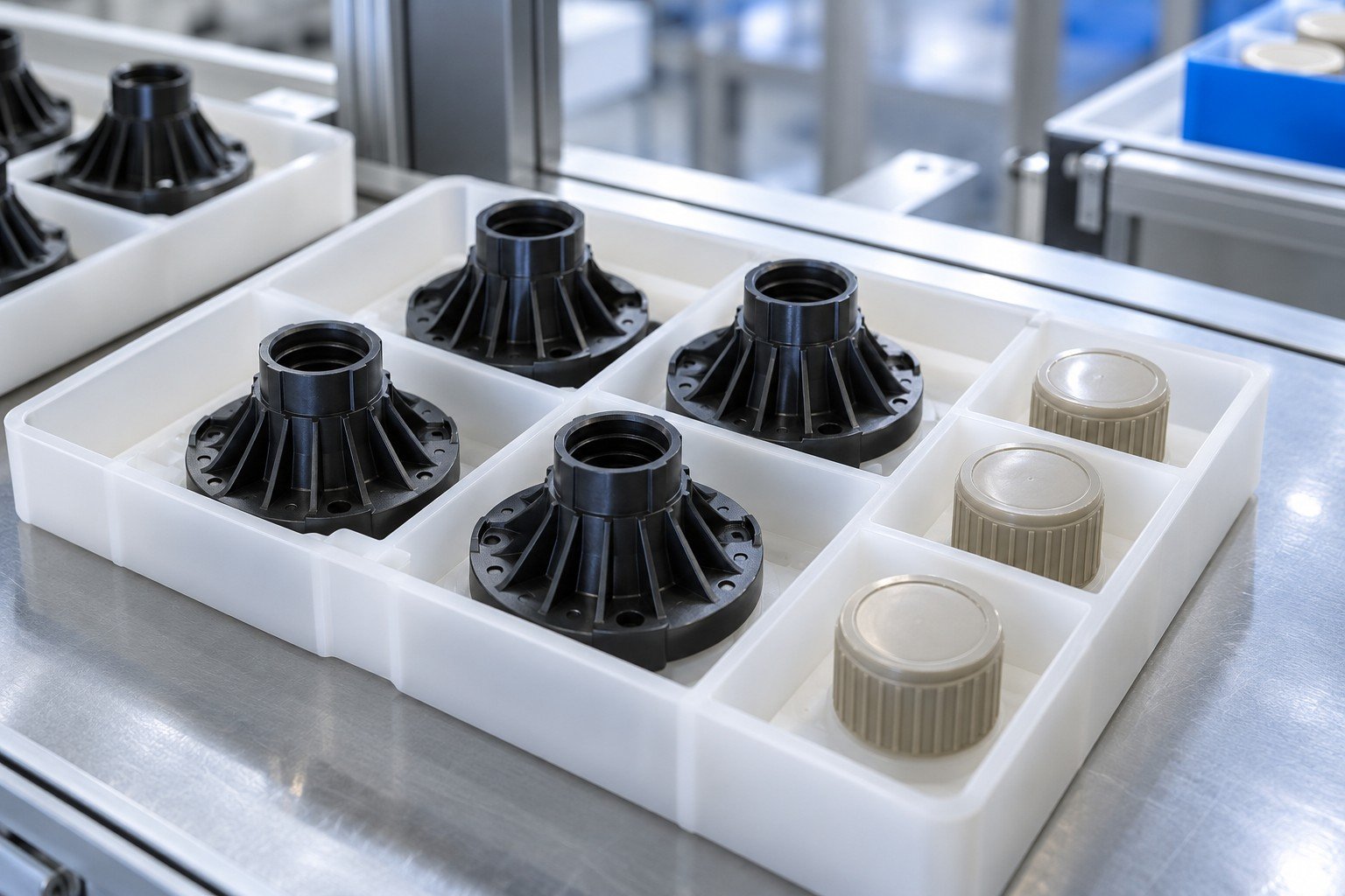 Ribbed molded polymer base with separate reference cap in clean multi-cavity sample tray