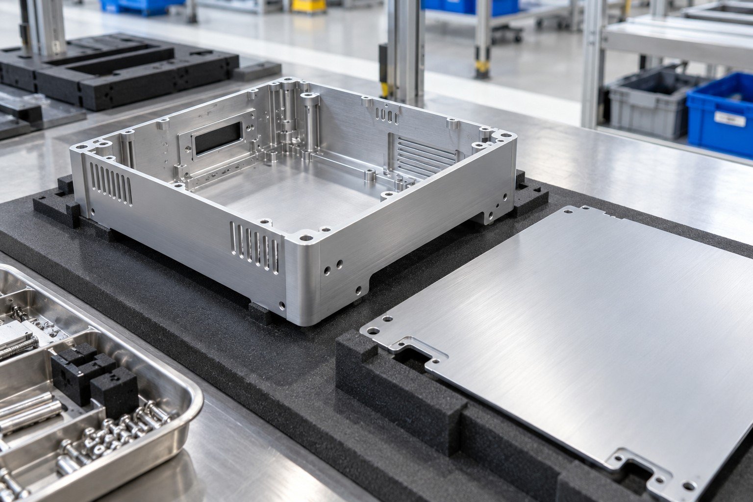 Finished folded aluminum electronics enclosure and separate fitted cover on open inspection nest
