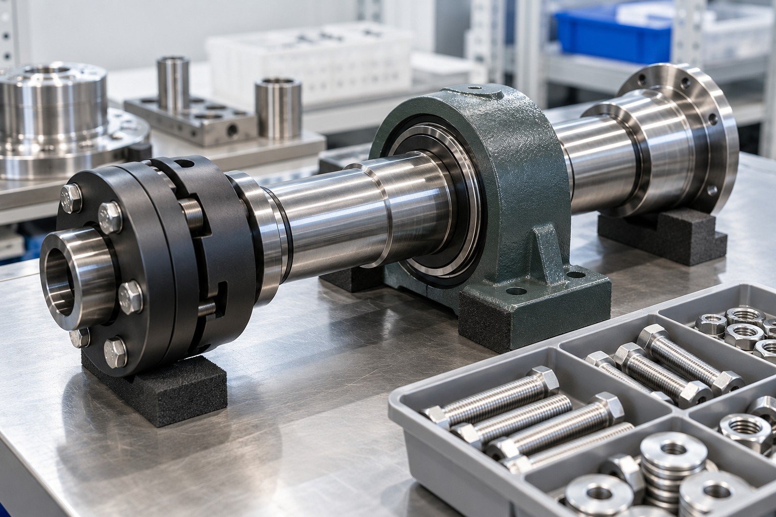 Mechanical bearing shaft assembly with mounted coupling and separated fastener accessory tray