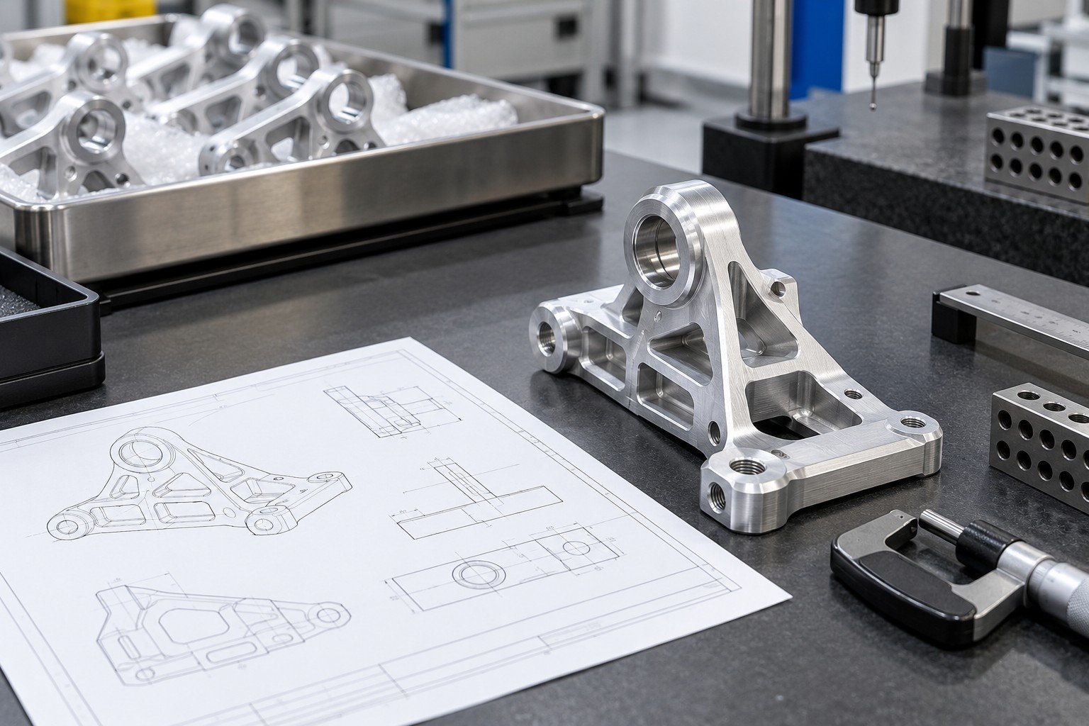 Unique aluminum actuator bracket with drawing showing only abstract geometry and no readable dimensions