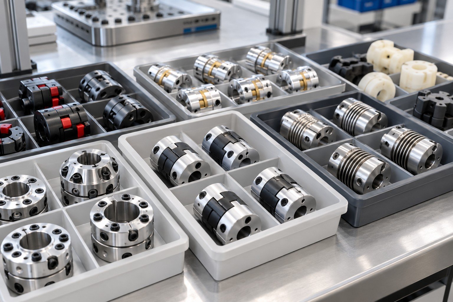 Several differently shaped precision machined couplings in separated sample compartments on clean bench