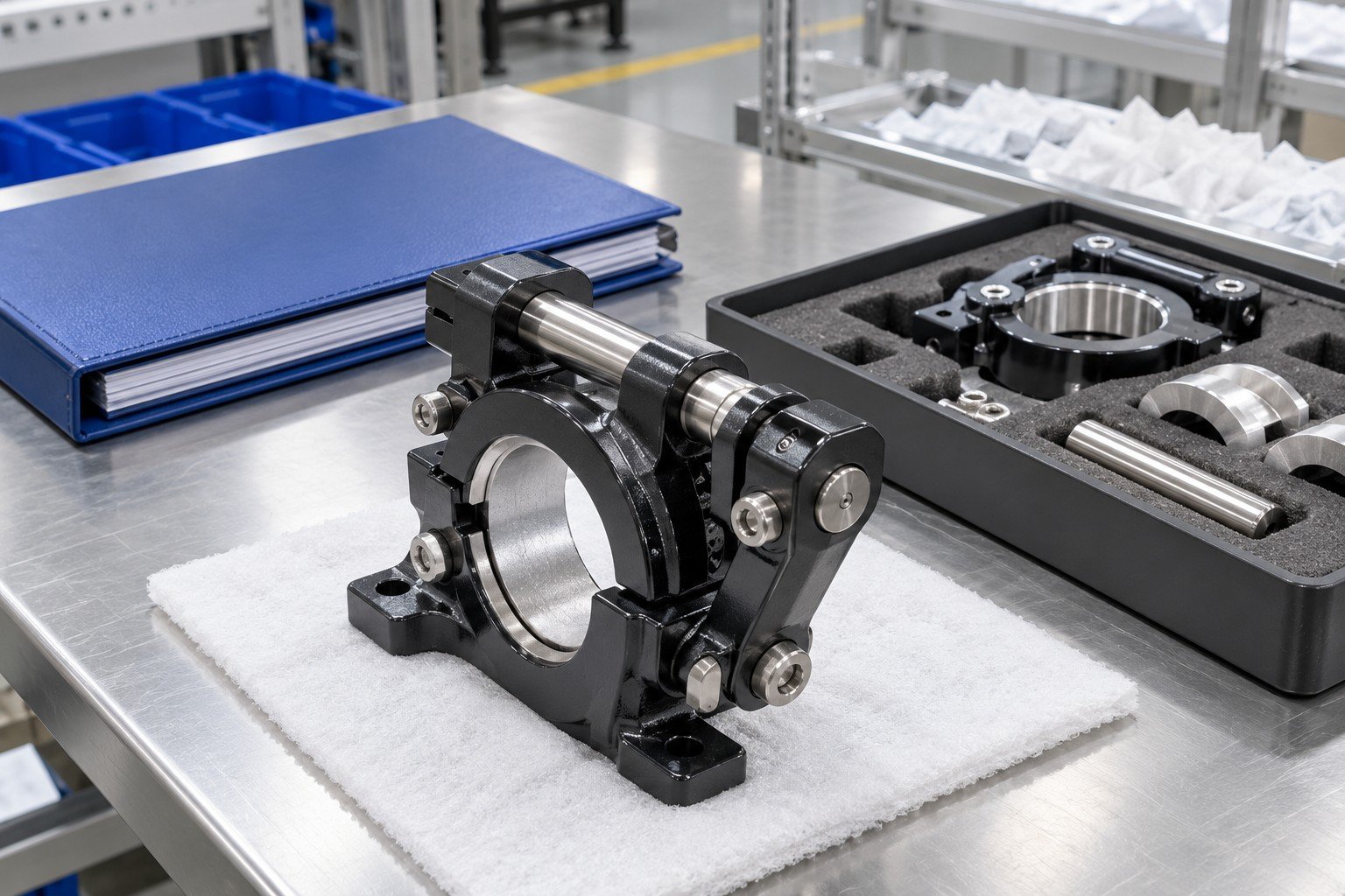 Coated mechanical clamp assembly beside closed exception folder and isolated sample tray