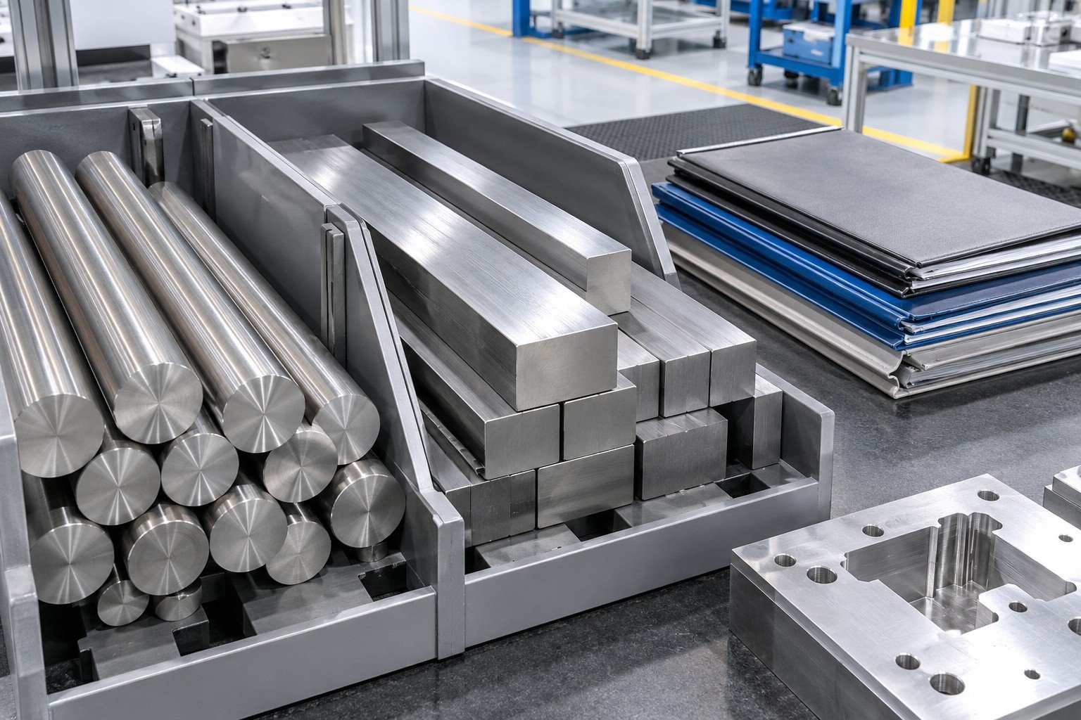 Raw steel bars in two physically separate receiving compartments beside blank material folders