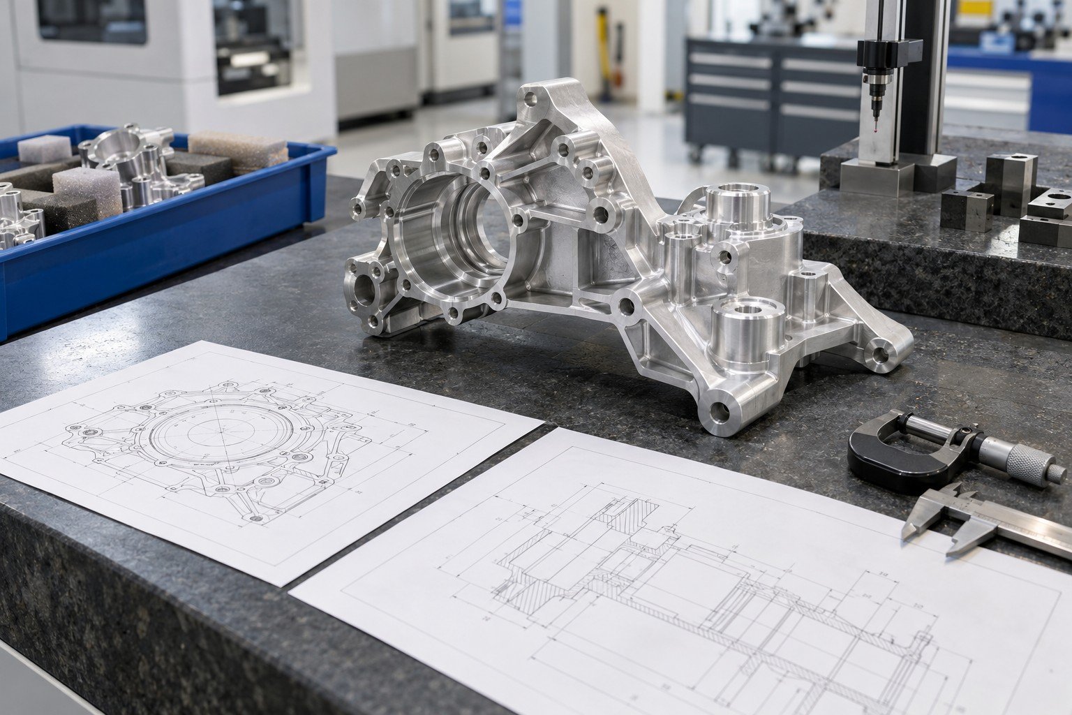 Unpowered machining setup with unique aluminum part and two visibly different plain drawing sheets