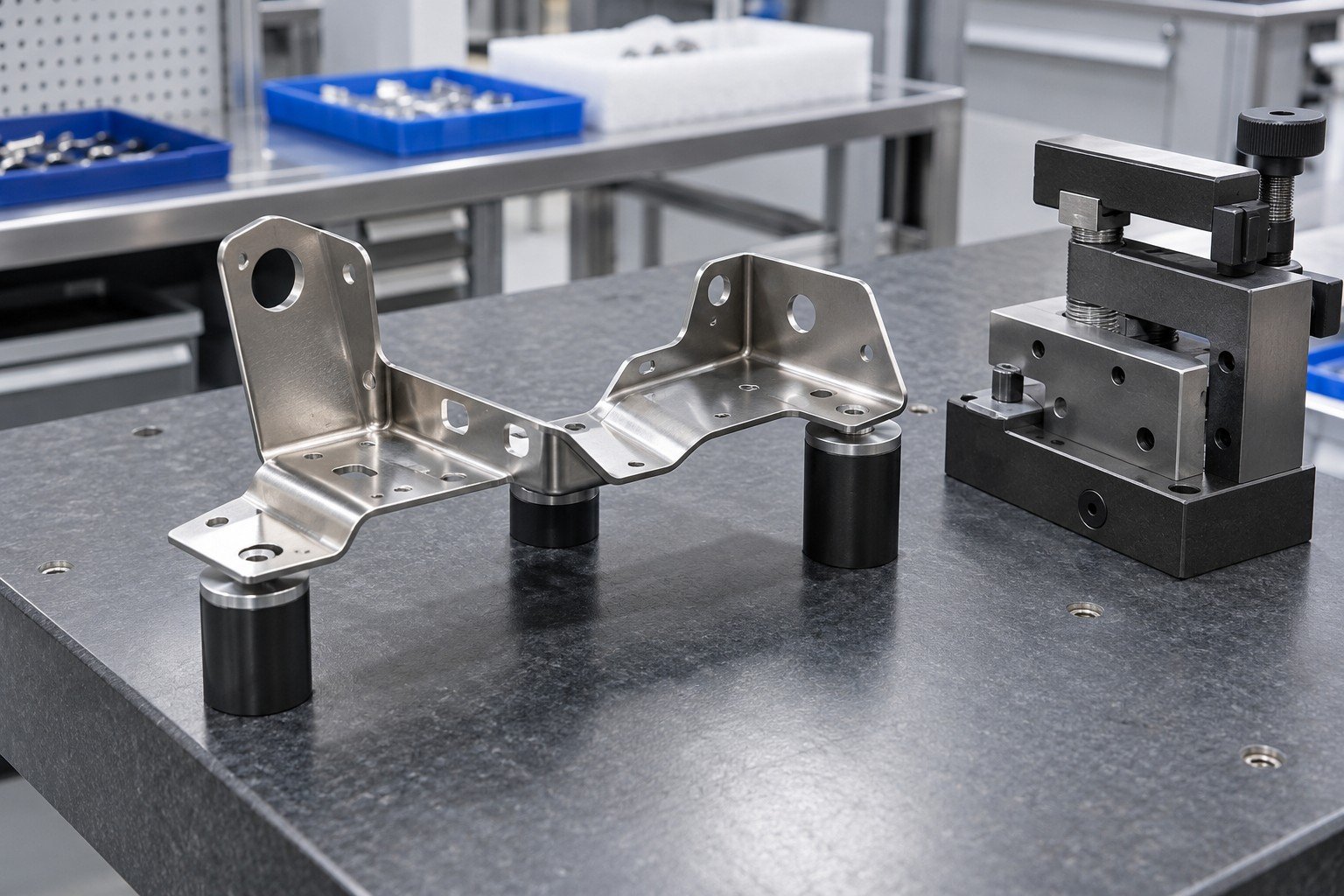Thin folded bracket supported naturally on three pads beside separate clamp fixture