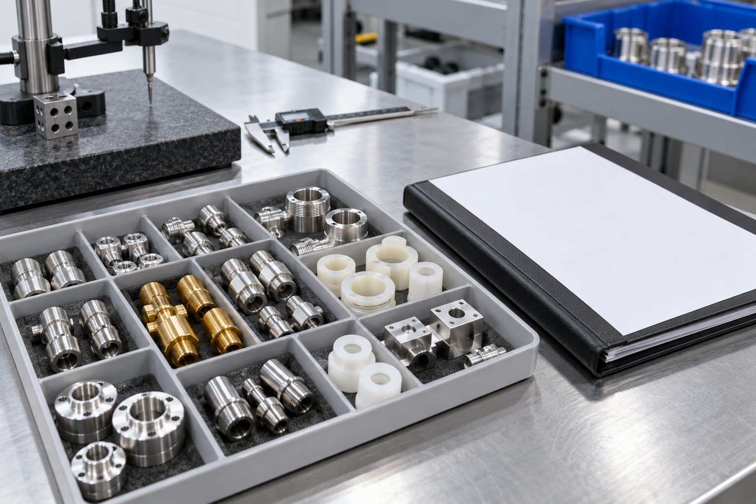Small machined fittings in separate compartment sample tray with blank inspection plan folder